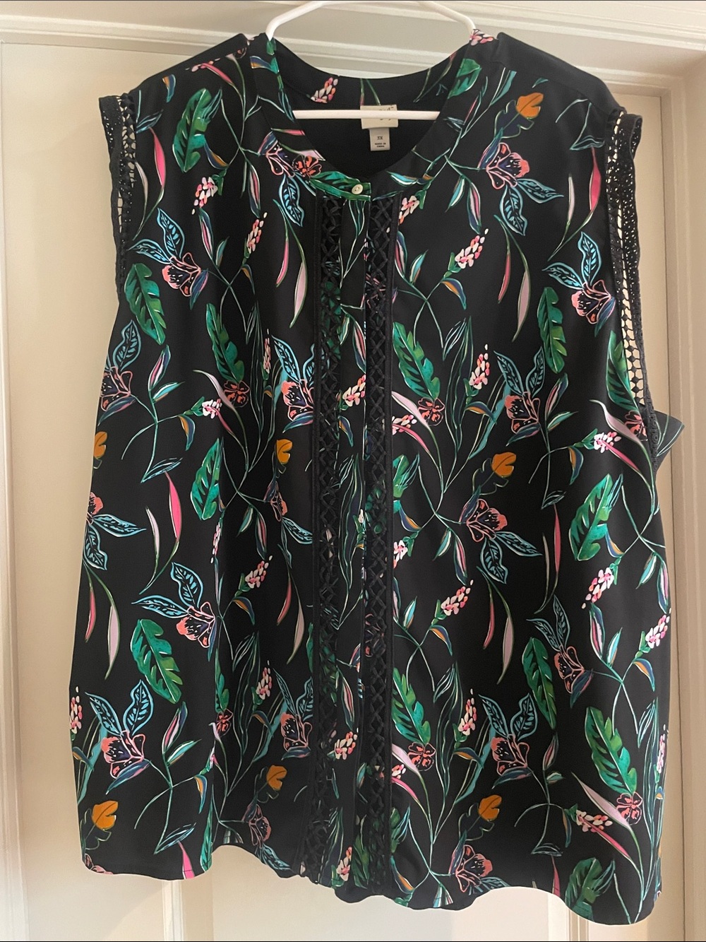 a new day Black Floral Lace-Trim Sleeveless Top with Green & Pink Accents